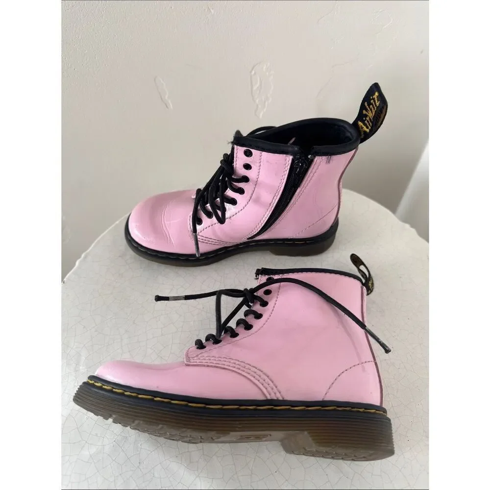Dr. Martens 1460 Toddler Pink Patent Lace-Up Ankle Boots Side Zipper Size 10 EUC